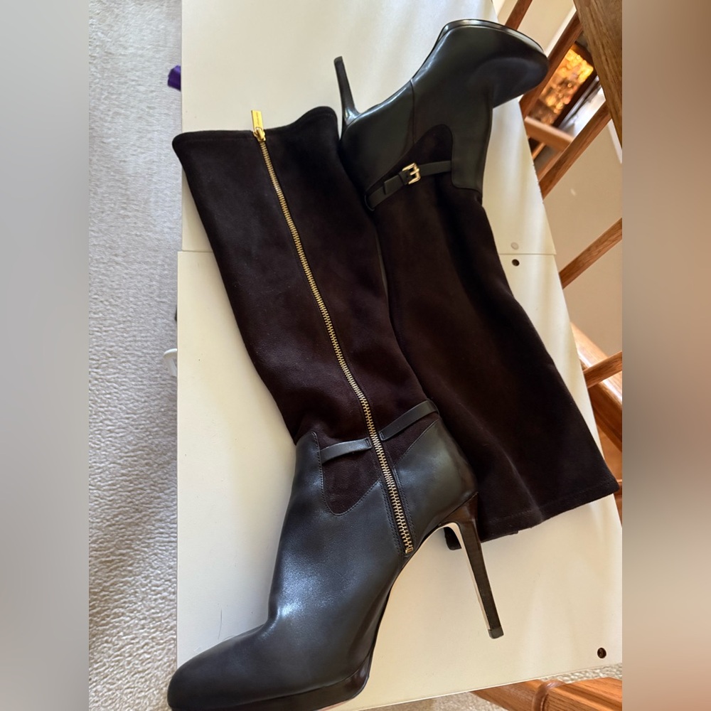 Michael Kors Leather and Suede Brown Knee-High Boots with Gold Zipper